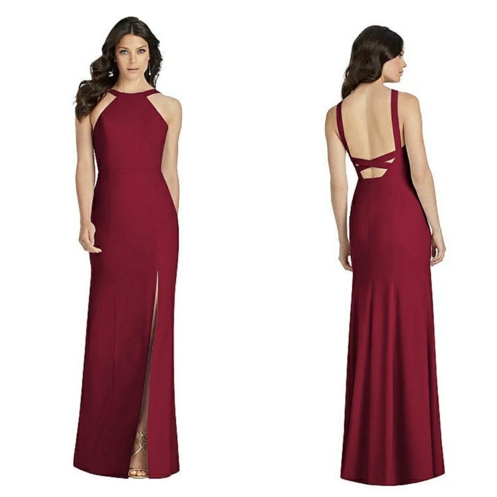 DESSY COLLECTION Burgundy High Neck Backless Crepe Trumpet Gown Size 14 R